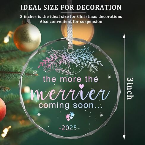 Christmas Ornaments, 3 * 3Inch Transparent Glass Expecting Baby 2025 Baby Announcement Ornament The More The Merrier Coming Soon 2025 Pregnancy Xmas Hanging Decor for Husband Grandparents Aunt Uncle in Kuwait