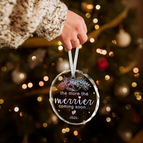 Christmas Ornaments, 3 * 3Inch Transparent Glass Expecting Baby 2025 Baby Announcement Ornament The More The Merrier Coming Soon 2025 Pregnancy Xmas Hanging Decor for Husband Grandparents Aunt Uncle in Kuwait
