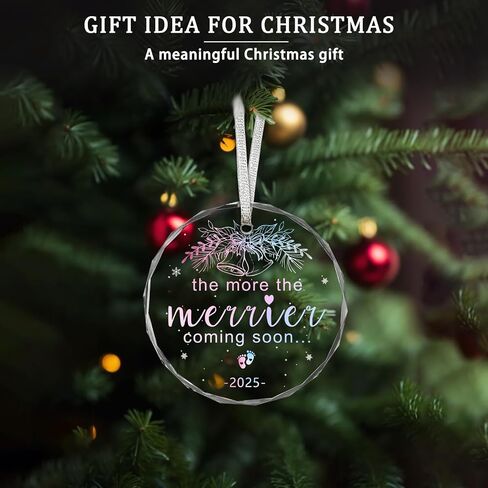 Christmas Ornaments, 3 * 3Inch Transparent Glass Expecting Baby 2025 Baby Announcement Ornament The More The Merrier Coming Soon 2025 Pregnancy Xmas Hanging Decor for Husband Grandparents Aunt Uncle in Kuwait