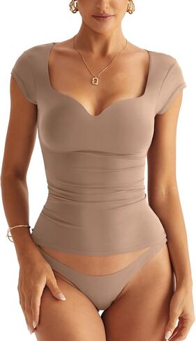 Micticsi Women Sweetheart Neckline Top Double Lined Short Sleeve T Shirts Y2K Slim Fit Going Out Tops 2024 in Kuwait