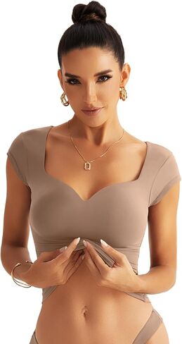 Micticsi Women Sweetheart Neckline Top Double Lined Short Sleeve T Shirts Y2K Slim Fit Going Out Tops 2024 in Kuwait