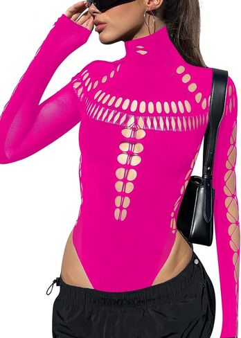 Women's Sexy Cutout Turtleneck Long Sleeve Bodysuit Tops, Seamless Mesh Snap Crotch Thong Bodysuits in Saudi Arabia