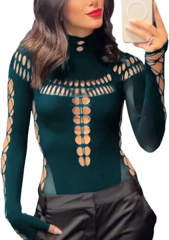 Women's Sexy Cutout Turtleneck Long Sleeve Bodysuit Tops, Seamless Mesh Snap Crotch Thong Bodysuits in Saudi Arabia