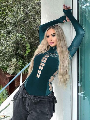 Women's Sexy Cutout Turtleneck Long Sleeve Bodysuit Tops, Seamless Mesh Snap Crotch Thong Bodysuits in Saudi Arabia