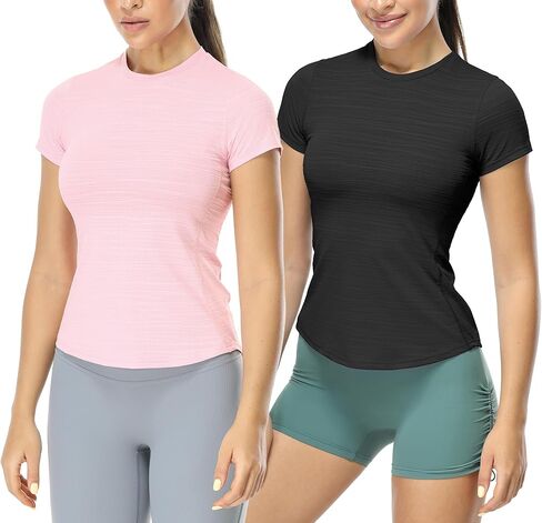 icyzone Women's Short Sleeve Workout T-Shirt Athletic Tees Breathable Gym Running Yoga Tops Slim Fit (Pack of 2) in Kuwait