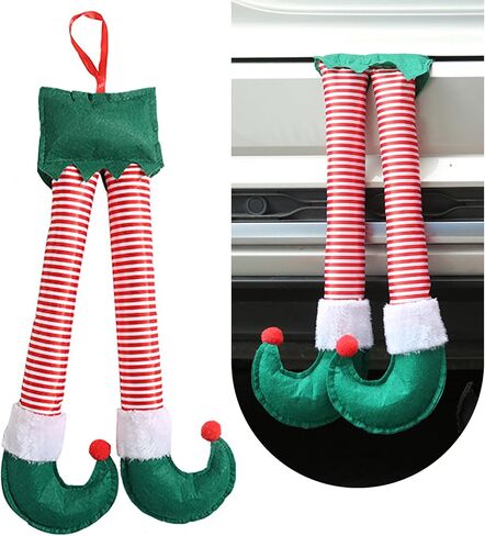 1 PC Car Christmas Elf Legs, 9.84" x 19.29" Creative Santa Legs Trunk Hanging, Fun Christmas Car Exterior Decoration, Suitable for Most Car Trunk Decorations (Green #Stripes) in Saudi Arabia