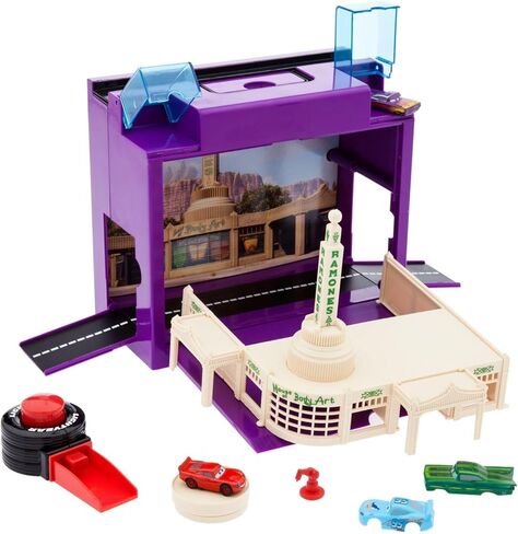 Disney Cars Disney Pixar Car Play Set - Toolbox Case with Lightning McQueen & Ramone Die Cast Cars, Launcher, Body Shop, Turntable, Track & More - Inspired by Disney Pixar Cars Films & Cars Land in Saudi Arabia