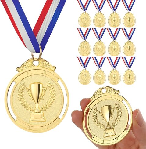 GeeRic 12 Pieces Gold Medal with Neck Ribbons, Kids Reward Medal, Winner Medals Gold Prizes for Sports, Competitions, Party, Olympic Style 2 inch in Kuwait