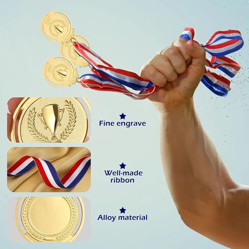 GeeRic 12 Pieces Gold Medal with Neck Ribbons, Kids Reward Medal, Winner Medals Gold Prizes for Sports, Competitions, Party, Olympic Style 2 inch in Kuwait