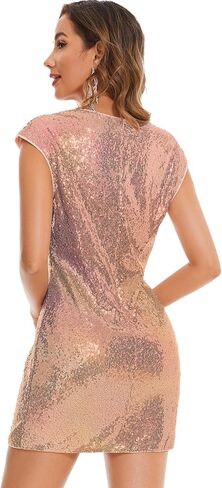 Genhoo Sequin Dress for Women V Neck Cape Sleeve Sparkly Mini Dress Glitter Party Nightclub Dresses with Waist Belt in Kuwait