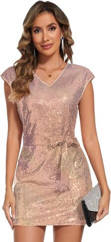 Genhoo Sequin Dress for Women V Neck Cape Sleeve Sparkly Mini Dress Glitter Party Nightclub Dresses with Waist Belt in Kuwait