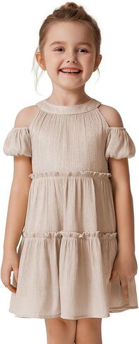 Quedoris Girls Halter Neck Crinkle Dress Puff Sleeve Off Shoulder A-line Tiered Swing Party Casual Dress with Zipper in Saudi Arabia