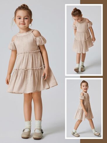 Quedoris Girls Halter Neck Crinkle Dress Puff Sleeve Off Shoulder A-line Tiered Swing Party Casual Dress with Zipper in Saudi Arabia