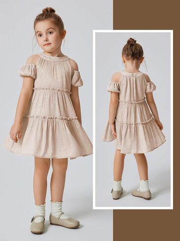 Quedoris Girls Halter Neck Crinkle Dress Puff Sleeve Off Shoulder A-line Tiered Swing Party Casual Dress with Zipper in Saudi Arabia