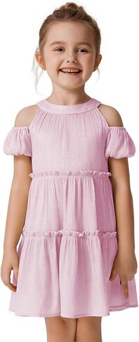 Quedoris Girls Halter Neck Crinkle Dress Puff Sleeve Off Shoulder A-line Tiered Swing Party Casual Dress with Zipper in Saudi Arabia