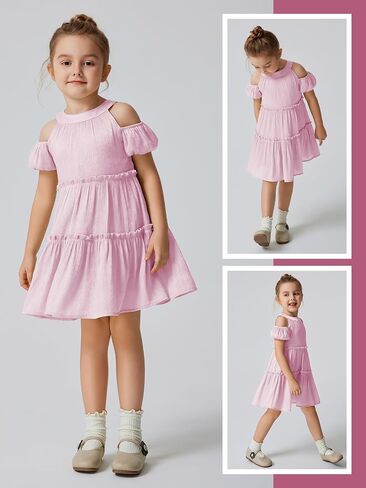 Quedoris Girls Halter Neck Crinkle Dress Puff Sleeve Off Shoulder A-line Tiered Swing Party Casual Dress with Zipper in Saudi Arabia