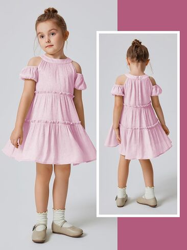 Quedoris Girls Halter Neck Crinkle Dress Puff Sleeve Off Shoulder A-line Tiered Swing Party Casual Dress with Zipper in Saudi Arabia