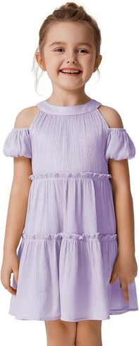 Quedoris Girls Halter Neck Crinkle Dress Puff Sleeve Off Shoulder A-line Tiered Swing Party Casual Dress with Zipper in Saudi Arabia