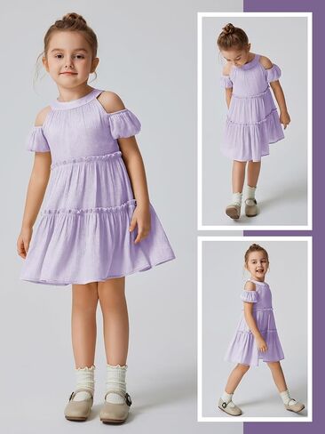 Quedoris Girls Halter Neck Crinkle Dress Puff Sleeve Off Shoulder A-line Tiered Swing Party Casual Dress with Zipper in Saudi Arabia