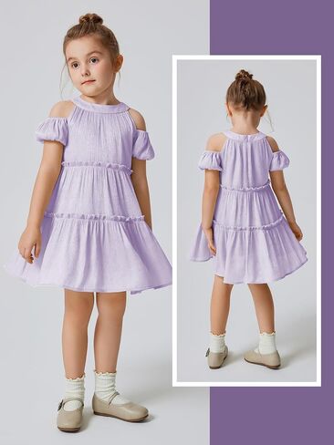Quedoris Girls Halter Neck Crinkle Dress Puff Sleeve Off Shoulder A-line Tiered Swing Party Casual Dress with Zipper in Saudi Arabia