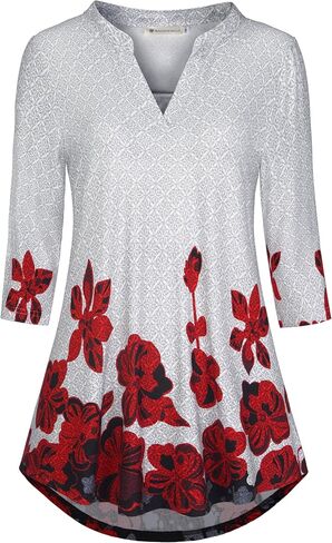 BAISHENGGT Womens 3/4 Sleeve Floral Printed Notch V Neck Blouses Tunics Tops in Saudi Arabia