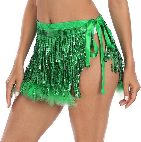 HDE Women's Sequin Tassel Fringe Skirt Fur Trim Adjustable Tie Hip Scarf Wrap in Kuwait