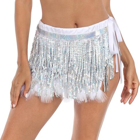 HDE Women's Sequin Tassel Fringe Skirt Fur Trim Adjustable Tie Hip Scarf Wrap in Kuwait