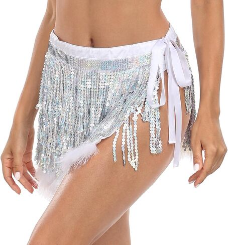 HDE Women's Sequin Tassel Fringe Skirt Fur Trim Adjustable Tie Hip Scarf Wrap in Kuwait