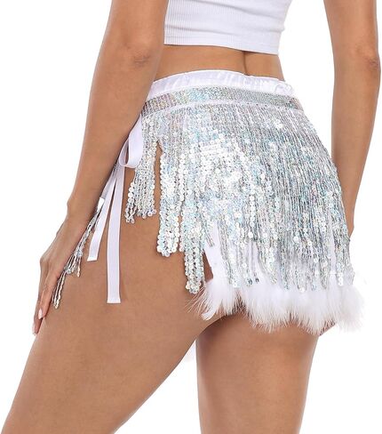 HDE Women's Sequin Tassel Fringe Skirt Fur Trim Adjustable Tie Hip Scarf Wrap in Kuwait