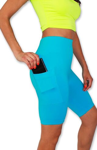 Solid Neon Colored High Waist Athletic Seamless Biker Shorts with Side Pocket in Saudi Arabia