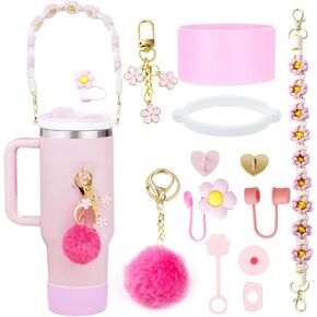 LBU 9Pcs Stanley Cup Accessories Set - 2Pcs Siliocne Straw Cover, Water Bottle Handle Strap, Siliocne Cup Boot, Keychain Charm for Stanley Cups 40oz 30oz Tumbler Accessories(White