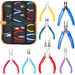 Keadic 8Pcs 4.5" Jewelry Pliers Set Contains Round Nose Pliers, Needle Nose Pliers, Bent Nose Pliers, Wire Cutters, Crimping Pliers, Nylon Pliers, End Nippers, Bail Making Pliers for Jewelry Making