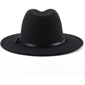 Classic Unisex Wool Blend Fedora Hat with Belt Buckle Brim Flat Church Derby Cap Wide Brim Classic Pork Pie Hat