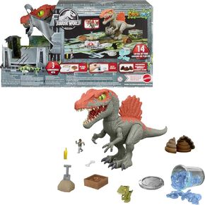 Mattel Jurassic World Crushivores Mini Dinosaur Figure & Accessories, Cage Crasher Spinosaurus Unboxing Toy with Surprises Including Sand, Gel & Dough