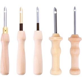 VICASKY 5pcs Punch Needle, Wooden Embroidery Pen Needle Set Large with Threader for DIY Craft Stitching 5pcs Handle Rug Hooking Tool Complete Set Pens Embellishment
