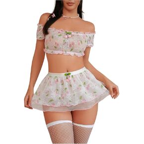 MakeMeChic Women's 5 Piece Lingerie Outfits Graphic Print Frill Trim Off Shoulder Crop Top and Mini Skirt Set with Stockings in Saudi Arabia