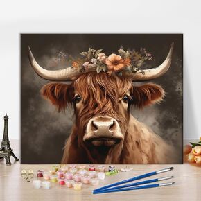 TUMOVO Cow Paint by Numbers for Adults Farm Animal DIY Arts Craft Beginner Highland Cattle with The Flower Paint by Number Kit Oil Painting Paint by Number Kits On Canvas 16"x20"