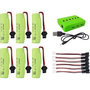 6PCS 3.7V 500mAh Battery with 6-in-1 Charger Suitable for DE35 DE38 DE40 DE50 TB202 TB201 TM201 TM202 TC141 Remote Control Car Spare Batteries