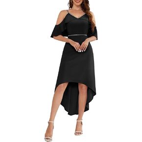 MUADRESS Women Prom Spaghetti Strap Flutter Sleeve V Neck Sparkly Midi Dress Elegant Flowy Ruffle Wedding Guest Hi-Lo Dress
