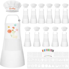 24 Sets Kids Apron and Chef Hat Set Adjustable Toddler Apron with Colored Pen Template for Baking Painting Crafts