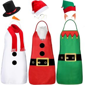 Haysandy 3 Set Christmas Apron and Hat Christmas Party Costume Funny Elf Snowman Santa Claus Cosplay Character Costume Kit