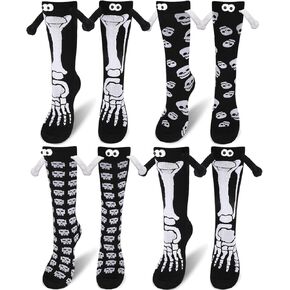 4 Pairs Funny Halloween Socks for Women Men,Skeleton Skull Holding Hands High Socks Magnetic Novelty Black for Boys Girls Teens Halloween Party Gifts