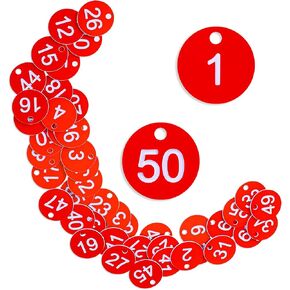 Plastic ID Number Hang Tags 1-50 Number Tags Round Number Marking Identification Tags with Hole Numbered Key Tags Round Hole Hang Tags Keychain for Dormitory Keys House Lockers (Red)