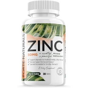FORTE NATURALS 100 Zinc Supplements Specially Formulated for Sensitive Stomachs, Vitamins for Adults Daily Supplement Vegan 50mg, Non GMO, Easy to Swallow Zink Vitaminas