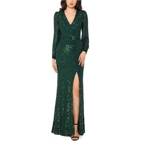 Xscape Long Sleeve Long V-Neck Sequin Gown