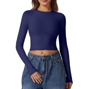 QINSEN Women's Crewneck Long Sleeve Shirts Double Lined Fitted Crop Top Seam Cup Going Out Tops