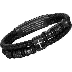 TempBeau Christian Black Leather Bracelet for Men - Double-Row Braided Leather Faith Cross Bracelets for Men Jewelry Gift Religious Baptism Easter Gifts for Young Men Teenage,Adjustable Wristband