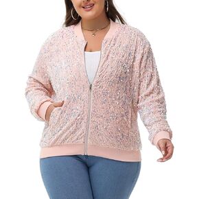 جاكيت Anna-Kaci نسائي مزين بالترتر مقاس كبير معطف بومبر بسحاب لامع مع جيوب للحفلات الموسيقية in Kuwait