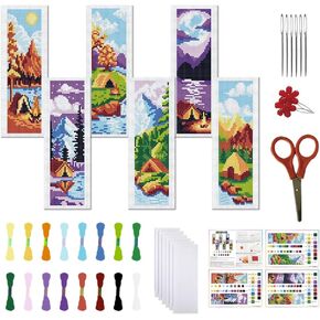 FREEBLOSS 6 Set Cross Stitch Bookmark Stamped Cross Stitch Kit with Camping Scenery Patterns Embroidery Kit with Instruction DIY Bookmark Kit for Gift Adults 8.66''x3.14''