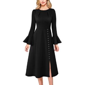 VFSHOW Womens Pleated Crew Neck Bell Sleeve Pockets Front Slit Buttons Business Work Office Slim Fit and Flare A Line Dress